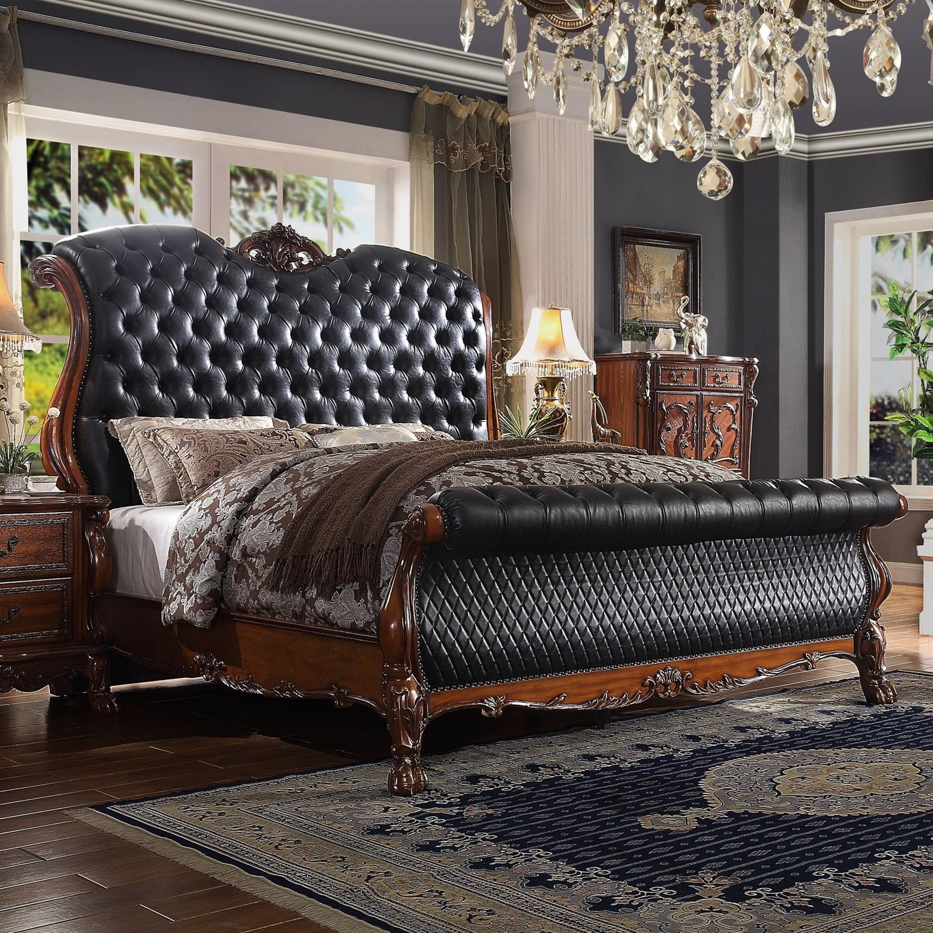 Acme Furniture Dresden II 28227EK Traditional King Bed with Tufted Upholstered Sleigh Headboard and Footboard Corner Furniture Upholstered Beds